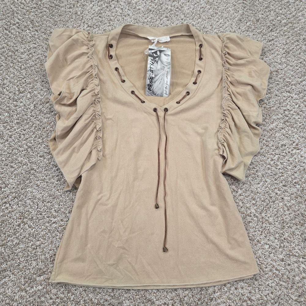 Women's M/L Faux Suede Flutter Sleeve Chic Blouse Top Lace Up V Neck Beige NEW